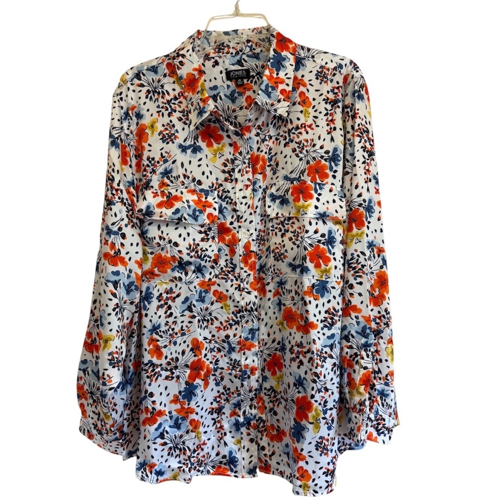Jones New York Floral Polka Dot Button Up Blouse 3X Multi-Color Long Sleeve Top